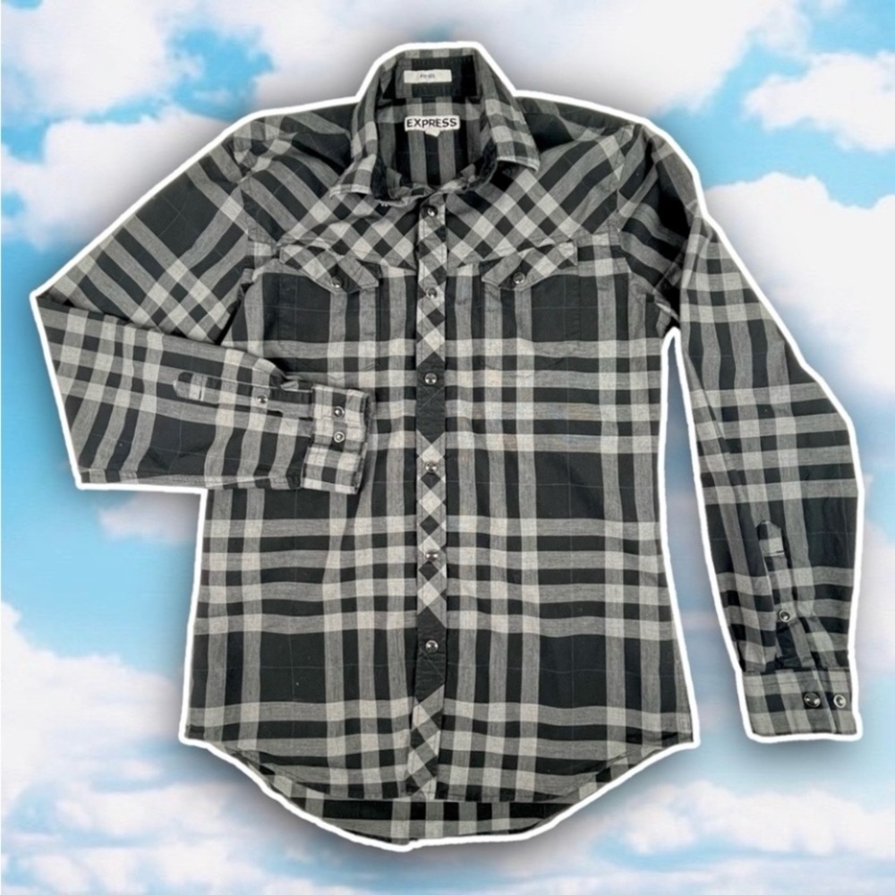 💙 EXPRESS Mens Buffalo Plaid Pearl Snap Fitted Button Up Shirt Country Western